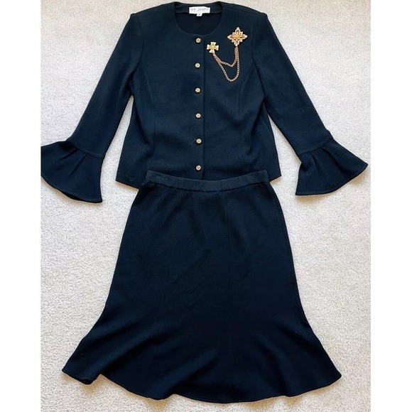 ST. JOHN Collection KNITS BLACK Blazers10 & Skirt 8 2pc Suit Golden Brooch - Picture 1 of 16